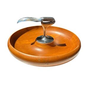 Millbern MCM Wooden Bowl with Metal Nutcracker Catchall Vintage Retro Brown